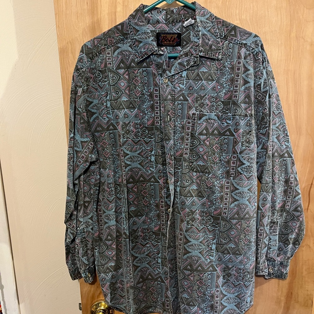 Men's Casual Shirt with Geometric Patterns - Blue and Gray